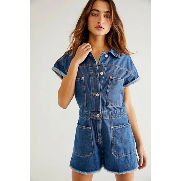 Free People Pants - We The Free | Work Hard Play Harder Denim Romper Sapphire Blue Nwt
